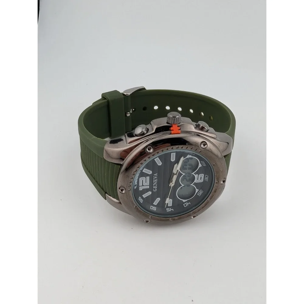 Geneva Watch Men 43mm Case Analog Digital Green Band- New Battery